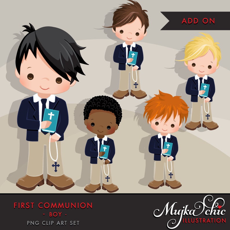 First Communion Clipart for Boys Add On. Cute Communion characters, graphics, blue and khaki clothing. Bible, rosary, religious, holy art image 1