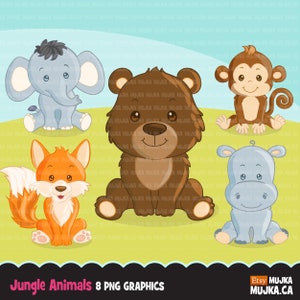 May include: A set of eight digital illustrations of jungle animals. The animals are a brown bear, a gray elephant, a gray hippopotamus, an orange fox, and a brown monkey. The animals are all sitting on a green grassy background.