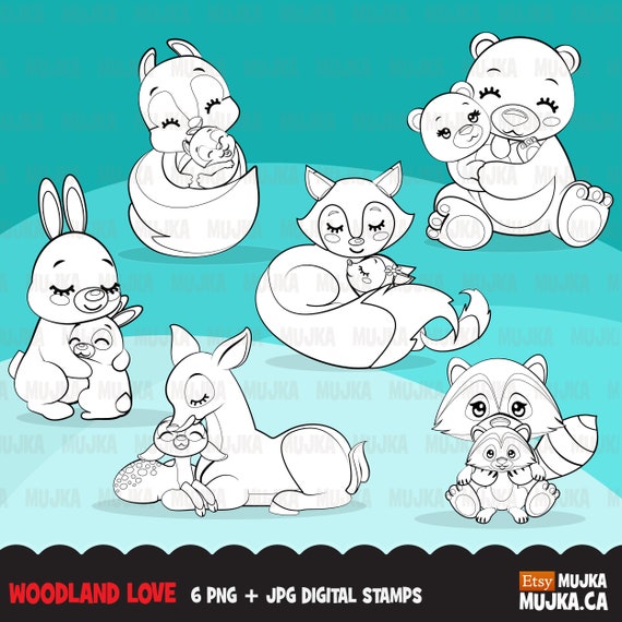 Woodland animals digital Stamps. Mother's day, baby bear, bunny, fox, deer, squirrel,raccoon outline clip art, B&W, embroidery digitizing Il_570xn
