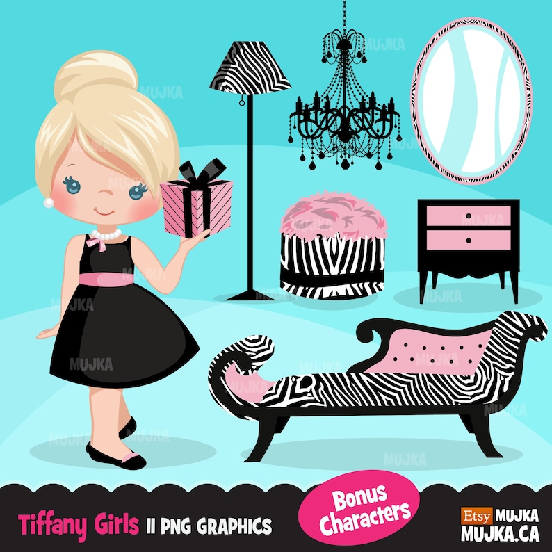 Tiffany Girls clipart, Breakfast at Tiffany's graphics, black, card making, , cookie design, fashion, chandelier image 1