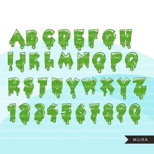 Puede incluir: Alfabeto y n&uacute;meros de slime verde que gotea. Las letras y los n&uacute;meros est&aacute;n en estilo de dibujos animados y tienen un efecto de slime que gotea. Las letras est&aacute;n en may&uacute;sculas y los n&uacute;meros van del 1 al 9.