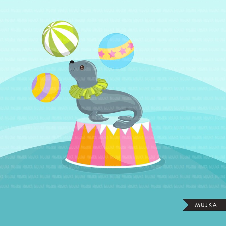 May include: A gray seal balancing on a pink and yellow striped platform, juggling three colorful balls. The seal is wearing a green collar and has a playful expression.