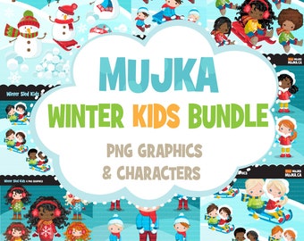 Winter Kids Clipart Bundle, Snow day, snowman, sledding kids, winter outfits Sublimation Designs graphics, png clip art