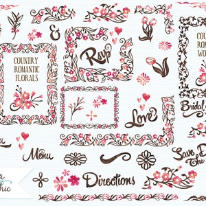 Country Wedding Pink & Brown Florals Clipart Instant Download Wedding Graphics and Wording with Watercolor Textures image 1