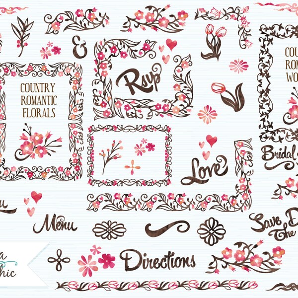 Country Wedding Pink & Brown Florals Clipart Instant Download Wedding Graphics and Wording with Watercolor Textures