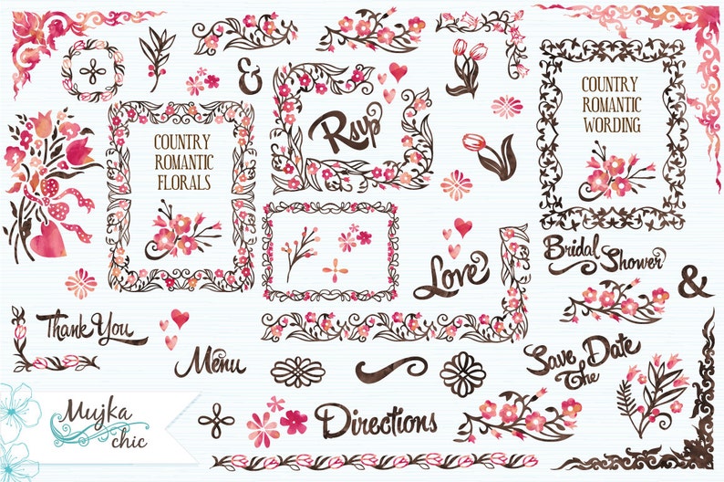 Country Wedding Pink & Brown Florals Clipart Instant Download Wedding Graphics and Wording with Watercolor Textures image 1