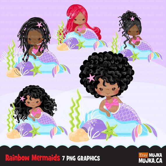 Afro Mermaid clipart, afro black pastel mermaid graphics, planner stickers, mermaid princess, birthday party, favors, toppers, clip art Il_570xn