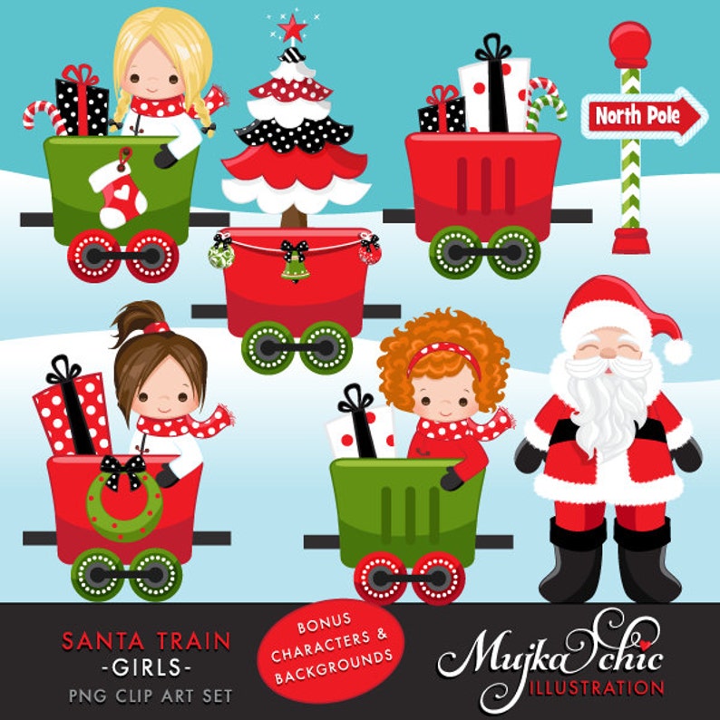 Christmas Santa Train Girls Clipart. Choo Cho Polar Express, Santa and cute characters, Gifts, Tree, North Pole image 2