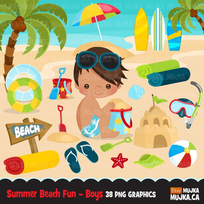 Beach Fun Clipart for Boys, Summer Cliparts. Beach, swimming boy, snorkel, surf board, sand bucket, beach ball, vacation palm tree clip art image 1