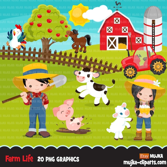 Farm clipart , farm animals, farmers, tractor, red barn, pig, chicken, cow, horse clip art graphics Il_570xn