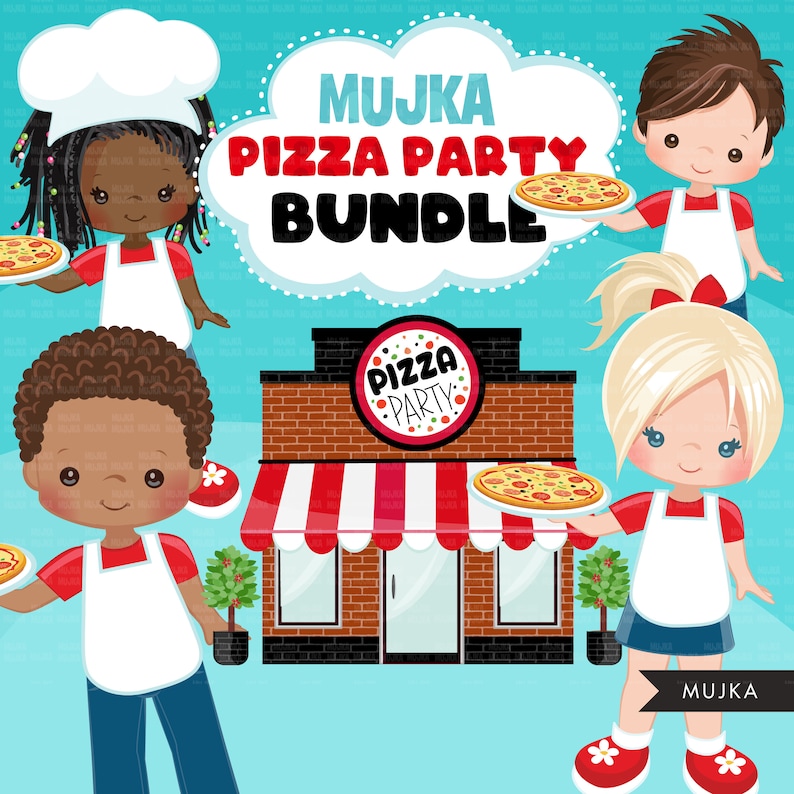 K&ouml;nnte beinhalten: Ein digitales Illustrationsset f&uuml;r eine Pizza-Party. Das Set enth&auml;lt vier Kinder, ein Pizzaladen und Pizzast&uuml;cke. Die Kinder tragen wei&szlig;e Sch&uuml;rzen und rote Hemden. Der Pizzaladen hat ein rot-wei&szlig;es Vordach und ein Schild mit der Aufschrift "Pizza Party".