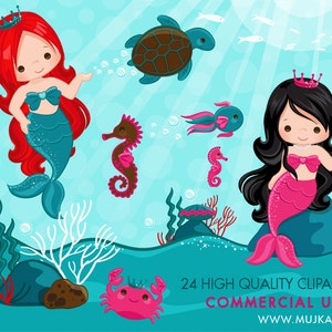 Puede incluir: Dos sirenas con coronas, una con cabello rojo y una cola turquesa, la otra con cabello negro y una cola rosa, nadan en un oc&eacute;ano turquesa con caballitos de mar, una tortuga marina y un cangrejo. El texto "24 HIGH QUALITY CLIRPARTS COMMERCIAL USE WWW.MUJKA.CA" est&aacute; en la parte inferior de la imagen.