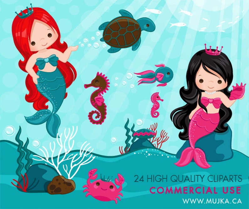 Puede incluir: Dos sirenas con coronas, una con cabello rojo y una cola turquesa, la otra con cabello negro y una cola rosa, nadan en un oc&eacute;ano turquesa con caballitos de mar, una tortuga marina y un cangrejo. El texto "24 HIGH QUALITY CLIRPARTS COMMERCIAL USE WWW.MUJKA.CA" est&aacute; en la parte inferior de la imagen.