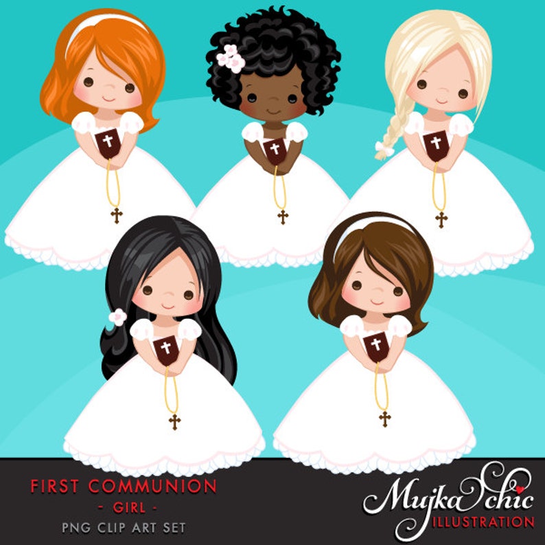 First Communion Clipart for Girls. Cute characters, graphics, bible, church, rosary, banner, holy, religious, cross, invitation stickers image 2