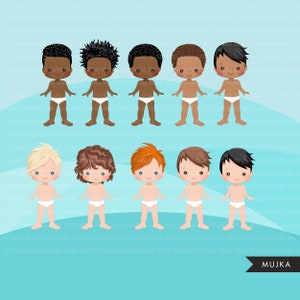 May include: Set of 10 printable paper dolls of boys with different hair colors and skin tones. The dolls are wearing white underwear and are standing on a blue background.