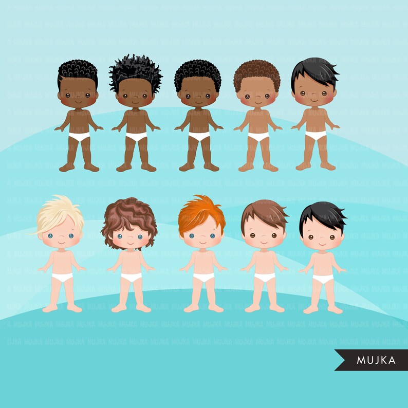 May include: Set of 10 printable paper dolls of boys with different hair colors and skin tones. The dolls are wearing white underwear and are standing on a blue background.