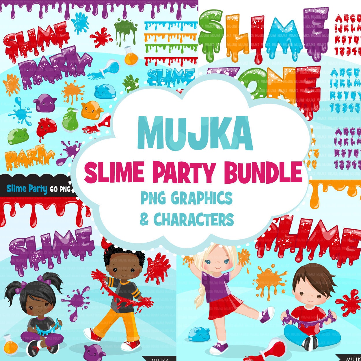 Slime Party Clipart Bundle, slime clip art, dripping borders, birthday kids, digital papers, slime letters and numbers, alphabet graphics