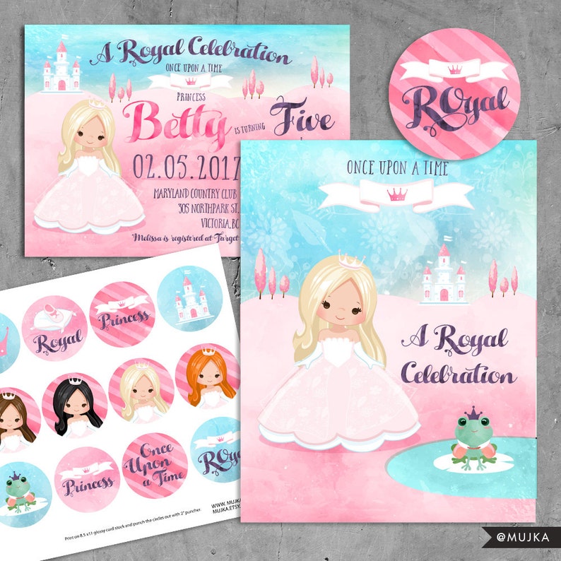 Printable Princess Birthday Stickers, Watercolor pink princess cupcake toppers, princess printables, round stickers, fairy tale, frog prince image 2