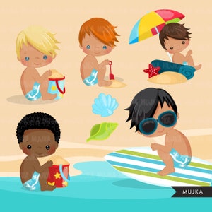 Beach Fun Clipart for Boys, Summer Cliparts. Beach, swimming boy, snorkel, surf board, sand bucket, beach ball, vacation palm tree clip art image 2