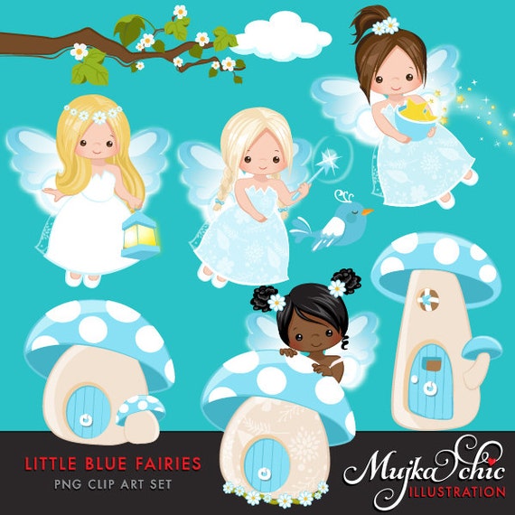 Little Blue Fairy Clipart. Cute Fairies Dressed up in Fairyland, Mushroom homes and magic graphics! Il_570xn