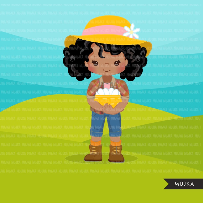 Afro black Farmer Girls clipart, farmer characters with basket of eggs, farmer hat, country graphics, country girl with hat image 4