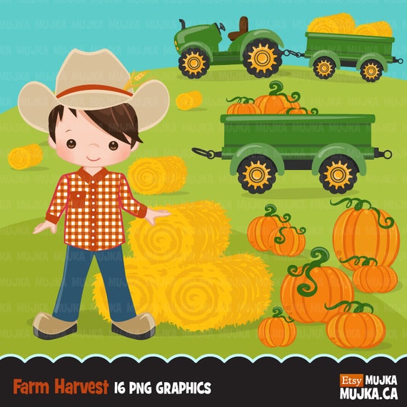 Farmer Clipart Fall Farmers With Tractor Cute Characters Black Planner Stickers Activity Autumn Harvest Pumpkin Patch Hay By Mujka Design Inc Catch My Party