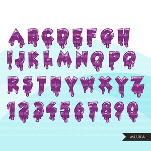 Puede incluir: Alfabeto y n&uacute;meros morados que gotean con una textura brillante. Las letras y los n&uacute;meros est&aacute;n estilizados y tienen un efecto de goteo, como si estuvieran hechos de l&iacute;quido.
