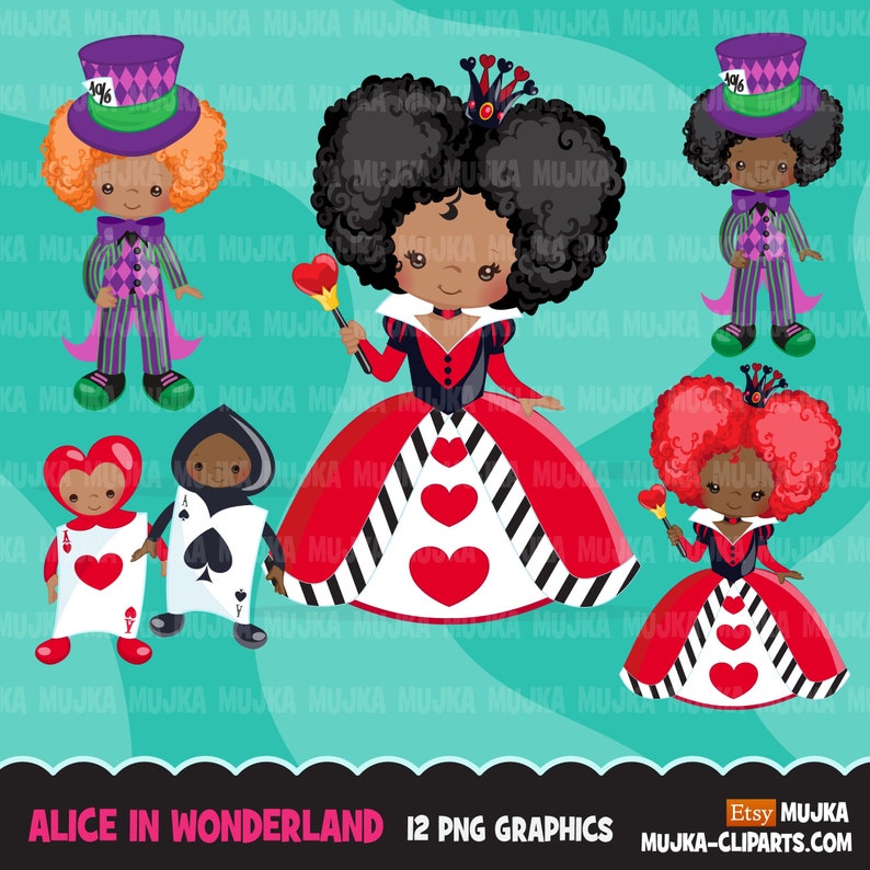 May include: A set of 12 digital illustrations featuring characters from Alice in Wonderland. The characters are depicted in a cartoon style with black and white striped dresses, red hearts, and crowns. The characters include the Queen of Hearts, the Mad Hatter, and the playing card characters.