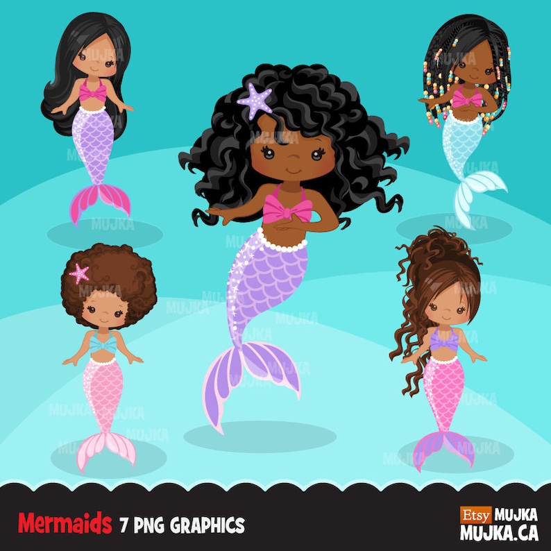 Mermaid clipart, pastel mermaid graphics, black mermaid princess, birthday party, afro girl Png sublimation clip art 