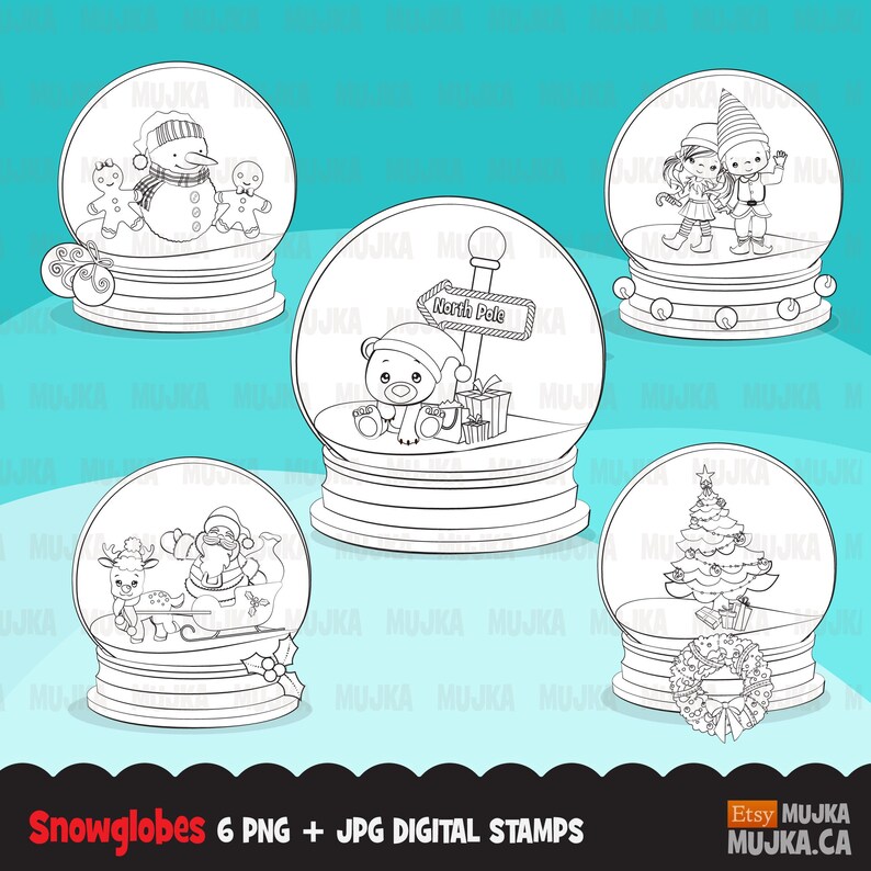 Christmas Snow Globe Digital Stamps Cute Snow Globes Filled With Christmas Outfits Coloring Outline Noel Animals Santa Tree And Snowman