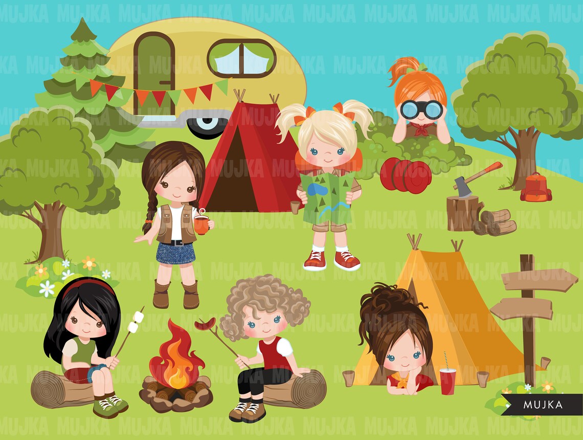 Girl Scouts camping clipart campground campfire tent | Etsy