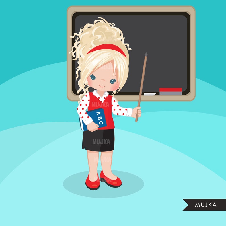 May include: A cartoon illustration of a blonde teacher wearing a red headband, a white polka dot vest, a black skirt, and red shoes. She holds a pointer and a blue book labelled "ABC" in front of a chalkboard. The background is light blue.