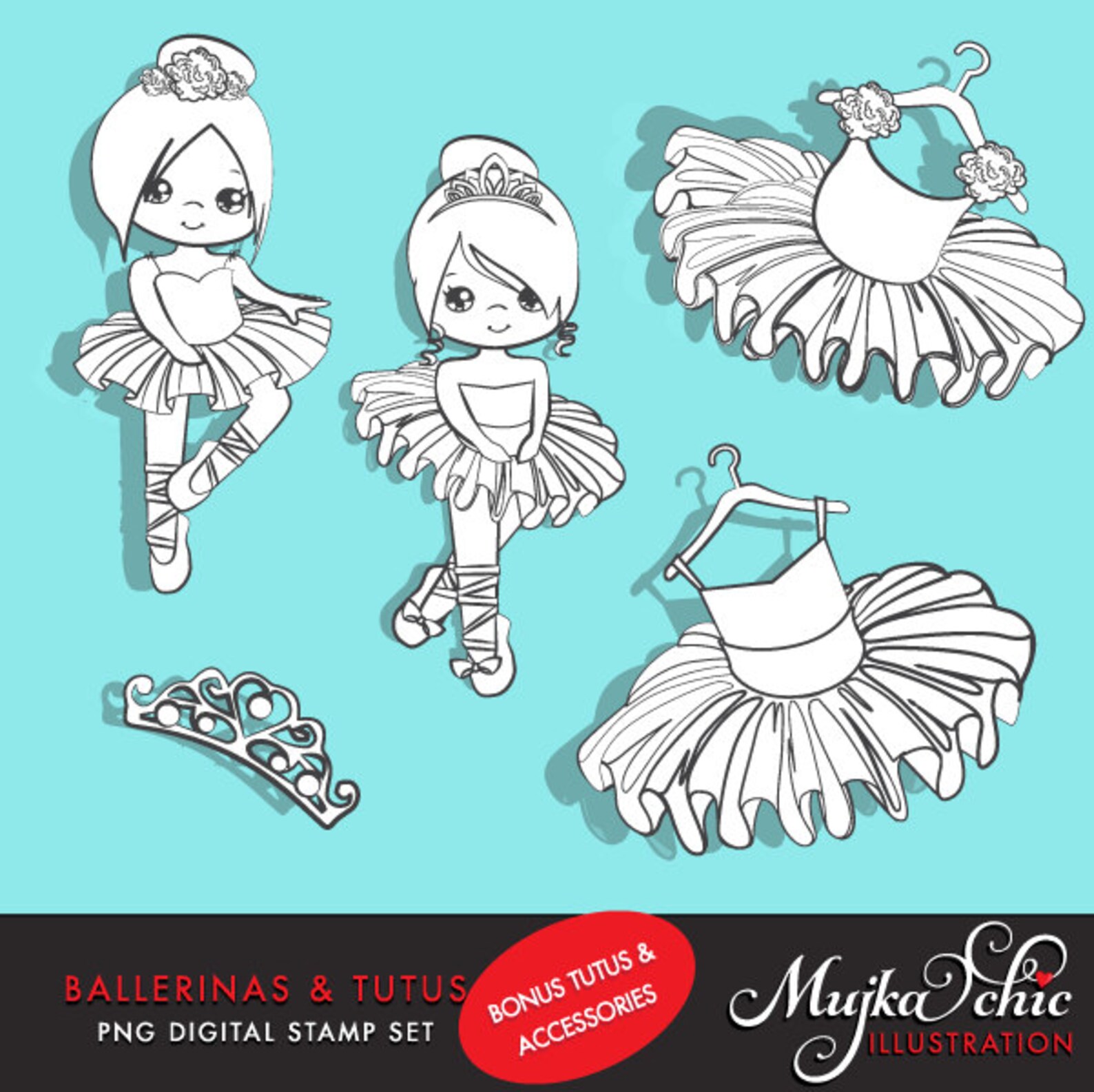 ballerina digital stamps with cute characters, tutus, ballet shoes, outline coloring art, dancers, b&w graphics, commercial use