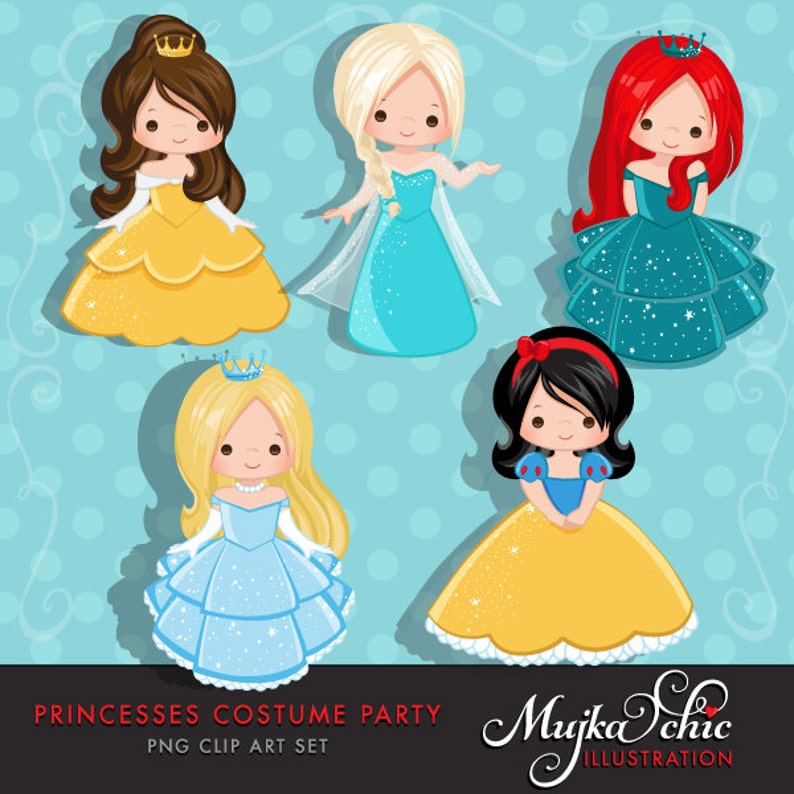 Princess Clipart, cute characters, Graphics, Costume Party, scrapbooking, birthday invitation, embroidery, card making, illustration image 1