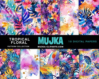 Tropical Floral Digital Paper: Watercolor Summer Patterns (PNG)