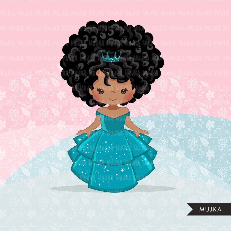 May include: A digital illustration of a young girl with dark brown skin, wearing a blue sparkly dress and a crown. She has dark curly hair and is smiling. The background is a light blue and pink floral pattern.