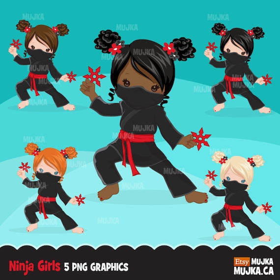 Ninja Clipart. Ninja girls, card making, planner stickers, embroidery, African American characters, asian, martial arts, red belt, shuriken Il_570xn