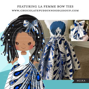 May include: A white and blue patterned skirt with a blue bow tie. The skirt has a wide waistband and a full, flowing silhouette. The bow tie is tied around the neck of a doll with black dreadlocks and a white top. The doll is wearing a white top and a blue bow in her hair. The text "FEATURING LA FEMME BOW TIES" and "WWW.CHOCOLATEPUDDINNOODLESOUP.COM" is at the top of the image. The text "MUIJKA" is at the bottom of the image.