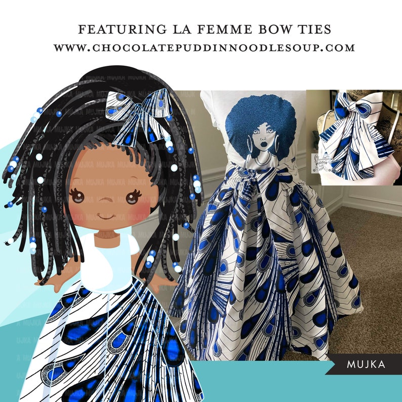 May include: A white and blue patterned skirt with a blue bow tie. The skirt has a wide waistband and a full, flowing silhouette. The bow tie is tied around the neck of a doll with black dreadlocks and a white top. The doll is wearing a white top and a blue bow in her hair. The text "FEATURING LA FEMME BOW TIES" and "WWW.CHOCOLATEPUDDINNOODLESOUP.COM" is at the top of the image. The text "MUIJKA" is at the bottom of the image.