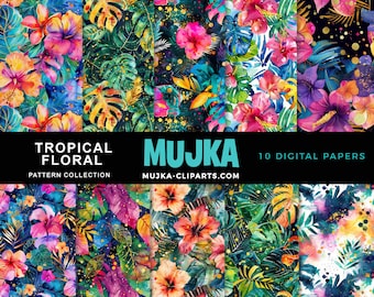 Tropical Floral Digital papers, Jungle summer pattern background, watercolor seamless printable pattern, digital background, scrapbook paper