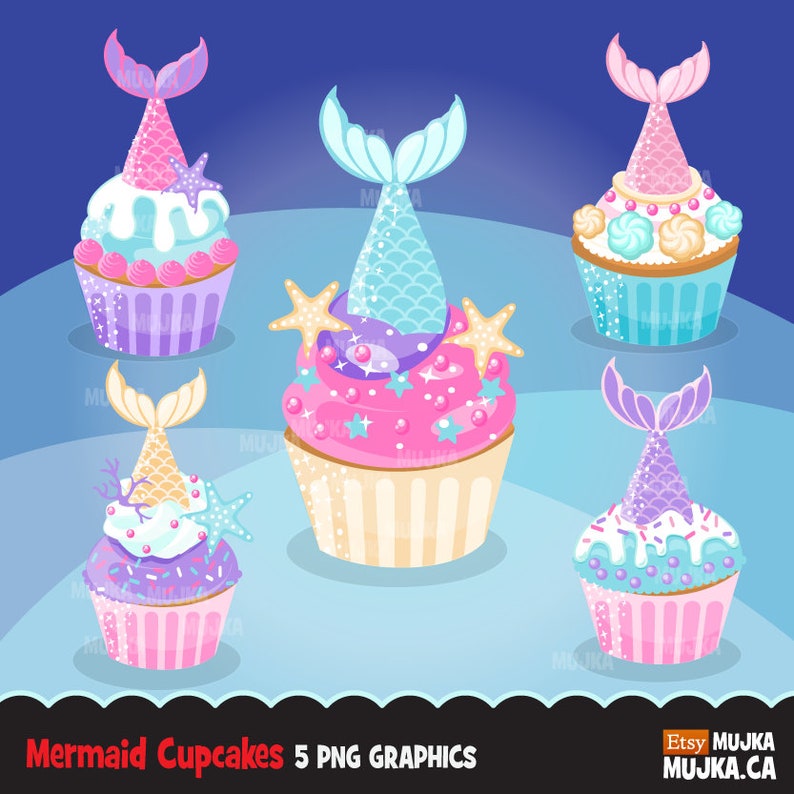 May include: Five colorful mermaid cupcake illustrations with pink, blue, and purple frosting, decorated with sprinkles, seashells, and starfish.  The cupcakes have mermaid tails as toppers.  Mermaid Cupcakes 5 PNG Graphics.