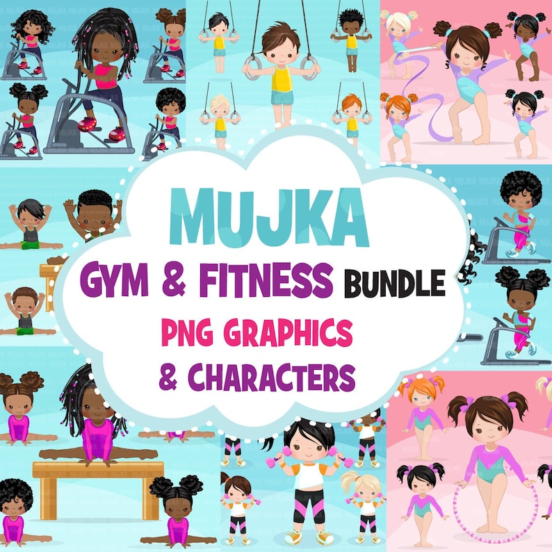May include: A set of digital illustrations featuring gym and fitness themed characters and equipment. The illustrations include a variety of poses and activities, such as exercising on a treadmill, doing gymnastics, and lifting weights. The illustrations are in a cartoon style and feature bright colors.