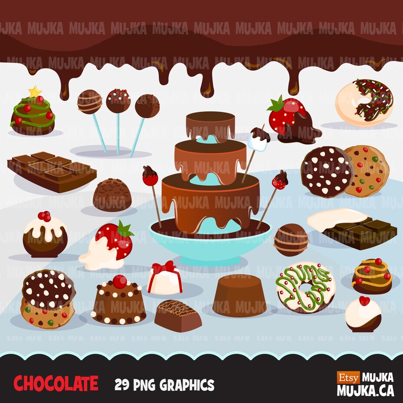 May include: A collection of 29 chocolate-themed digital graphics, including a chocolate fountain, donuts, cookies, candy, and chocolate bars. The graphics are in a cartoon style and are perfect for use in digital projects.