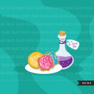 May include: Illustration of a bottle with a purple liquid and a tag that says "Drink me." There are also three cookies on a plate with the words "Have," "Eat me," and "Tea." The background is teal.