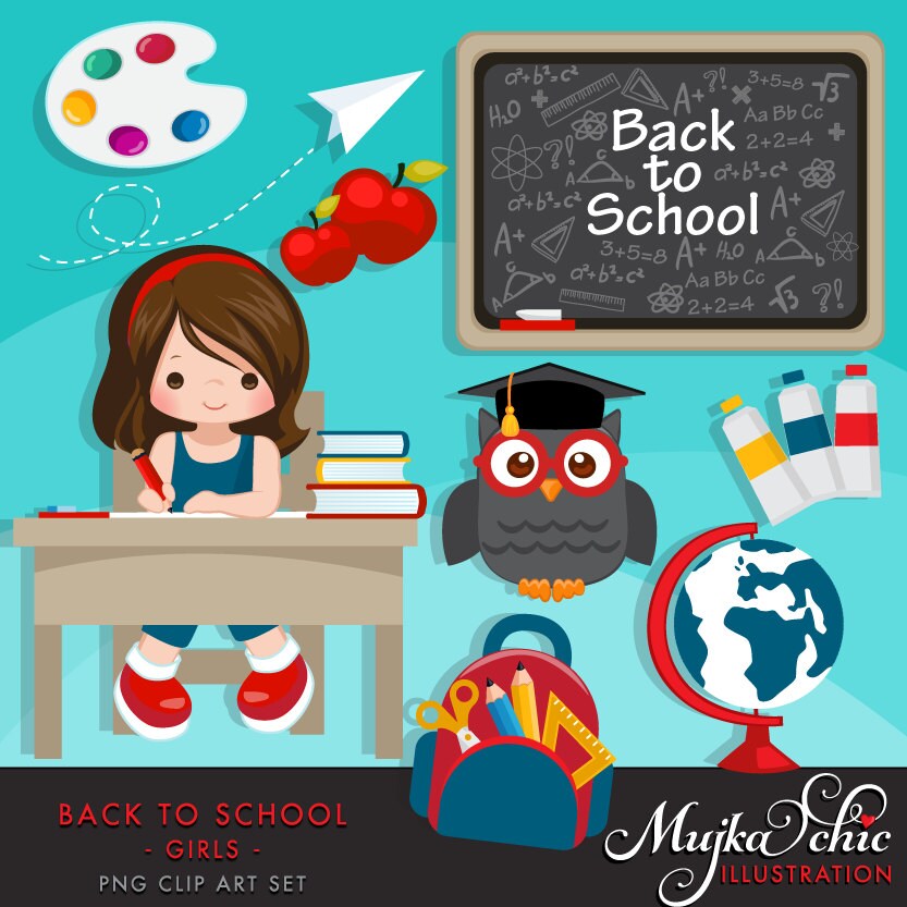 Back to school Clipart. Cute students, black board, school supplies, …