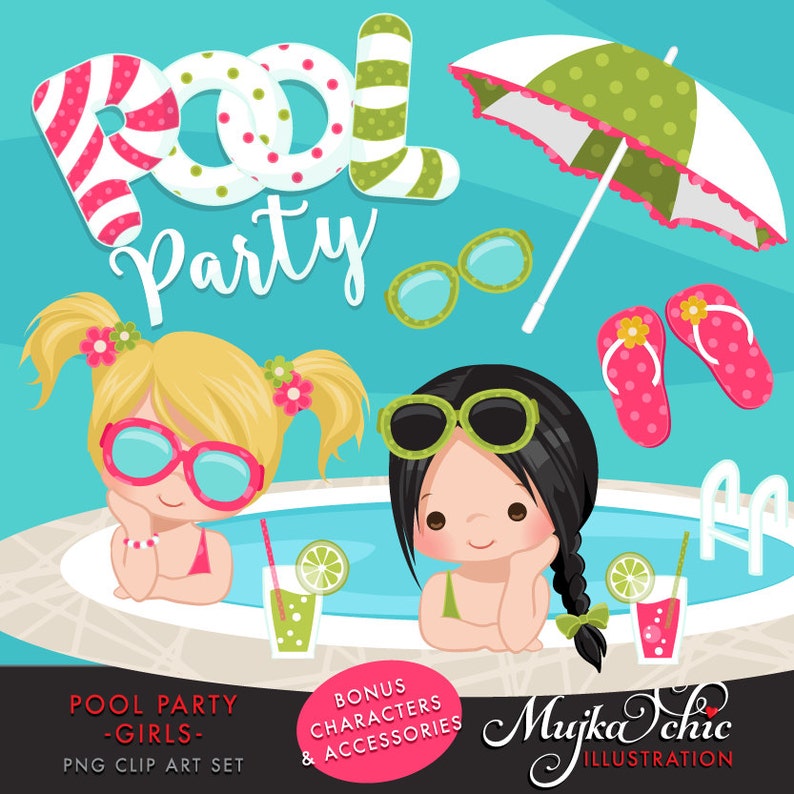 May include: Pool party clip art set featuring two girls in a swimming pool, one with blonde hair and one with black hair, both wearing sunglasses. The girls are holding drinks and there is a pool float, an umbrella, and flip flops. The text "Pool Party - Girls - PNG Clip Art Set" is at the bottom of the image.