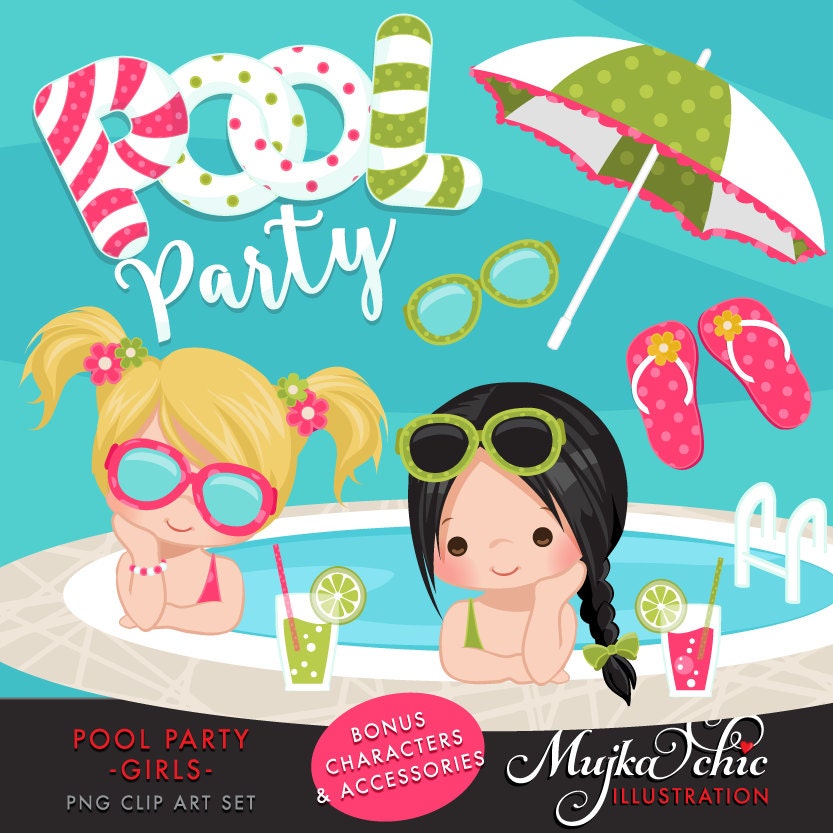 Pool Party Clipart for Girls. Little girls with pool party banner, fl…