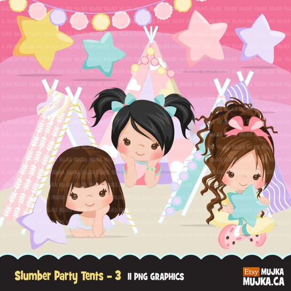 Slumber party clipart, sleepover tents, movie night, pajama party, card making, pompoms, embroidery, sleepover pillows, play date graphics Il_570xn