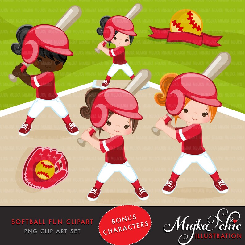 Softball Clipart. Red Softball Graphics Baseball Players Etsy