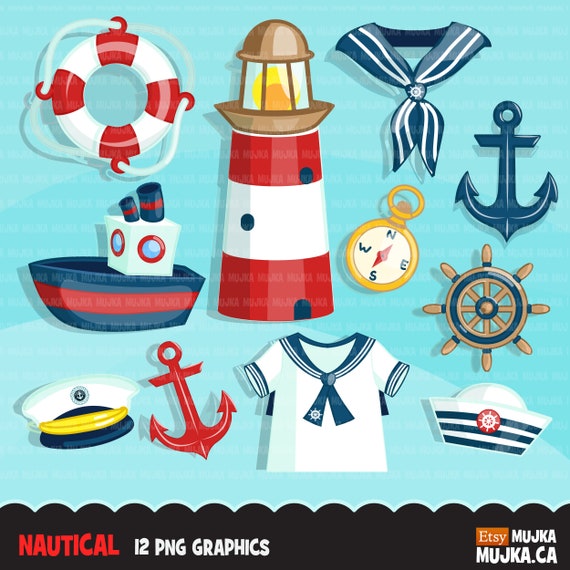 Nautical clipart. Sailor cap, sailboat, captain, compass, anchor, lighthouse, lifesaver graphics. Commercial use sailing clip art Il_570xn